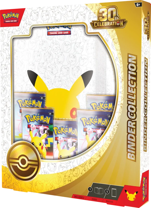Pokémon Trading Card Game 30th Celebration Binder Collection box, featuring a large gold and white window display showing three binder volumes with Pikachu artwork.