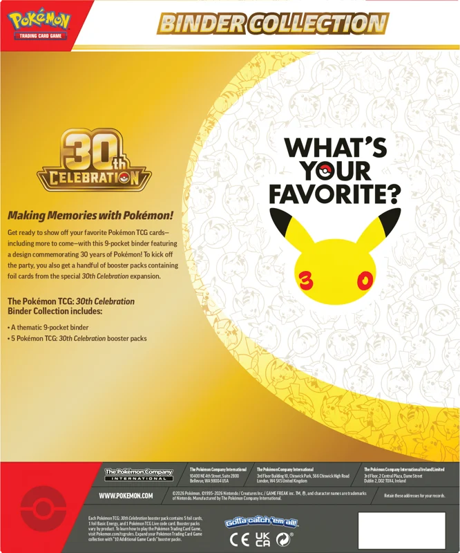 Promotional graphic for the Pokémon TCG 30th Anniversary Binder Collection, featuring a yellow and gold background, a large white circle with a Pokémon Pikachu face, and text reading 'WHAT'S YOUR FAVORITE?' and 'Binder Collection'.