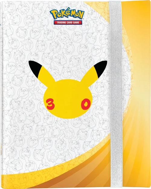 A Pokémon Trading Card Game notebook or journal cover featuring Pikachu's face in the center, with the Pokémon logo at the top, a white background with faint character sketches, and yellow-orange curved graphic accents. A silver elastic closure band runs vertically along the right side.