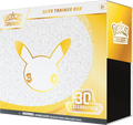 Pokémon Elite Trainer Box 30th Celebration edition trading card box, featuring a white and gold design with a large Pikachu face graphic and a black side panel.