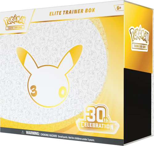 Pokémon Elite Trainer Box 30th Celebration edition trading card box, featuring a white and gold design with a large Pikachu face graphic and a black side panel.