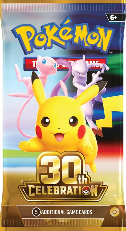 Pokémon TCG booster pack packaging featuring Pikachu, Mew, and Gengar with 'Pokémon The TCG 30th Celebration' text and '5 Additional Game Cards' at the bottom.
